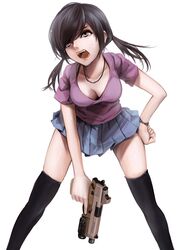  bad_id bad_pixiv_id black_hair bra_strap breasts cleavage female fn_fnp grey_eyes gun hand_on_own_hip handgun holding holding_gun holding_weapon jewelry koh_(minagi_kou) medium_breasts necklace open_mouth original shiny_skin simple_background skindentation skirt solo sweat thighhighs trigger_discipline twintails weapon white_background 