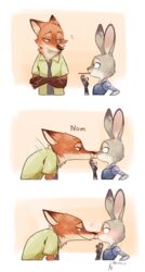  anthro canid canine countershading disney duo female food fox fur ganym0 grey_body grey_fur heart_symbol hi_res judy_hopps lagomorph leporid long_ears love male mammal nick_wilde nom orange_body orange_fur pocky rabbit red_fox shy size_difference smile true_fox zootopia 