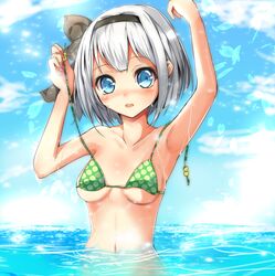  armpits arms_up bad_id bad_pixiv_id bikini black_hairband blue_eyes blush breasts female green_bikini hairband highres konpaku_youmu looking_at_viewer navel ocean short_hair small_breasts solo swimsuit touhou untied upper_body velia wading wardrobe_malfunction water white_hair 