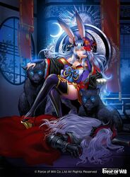  1boy animal_ears ayu_(force_of_will) black_panther blue_eyes blue_hair breasts cape cleavage commentary_request company_name female force_of_will gloves hair_over_one_eye horns japanese_clothes leaf long_hair nail_polish night night_sky official_art rabbit_ears sandals sitting sky small_breasts star_(sky) thighhighs throne tsutsui_misa welser_(force_of_will) white_hair 