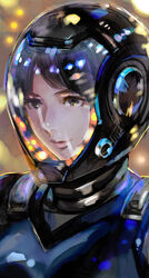  armor black_eyes black_hair blue_hair bodysuit commentary_request drivesuit female helmet lips mako_mori md5_mismatch multicolored_hair pacific_rim photoshop_(medium) science_fiction short_hair shutsuri smile solo streaked_hair 