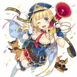  ;d amelie_mcgregor animal argyle belt blonde_hair blue_eyes boots braid breasts canine cape cleavage clothed_animal confetti epaulettes female french_braid gloves gold_trim gun handgun hat holding long_hair looking_at_viewer medium_breasts megaphone mmu necktie official_art one_eye_closed open_mouth peaked_cap pointing police police_dog police_hat police_uniform policewoman round_teeth skirt smile solo tape teeth thigh_boots thighhighs transparent_background uchi_no_hime-sama_ga_ichiban_kawaii uniform wavy_hair weapon white_gloves white_thighhighs 