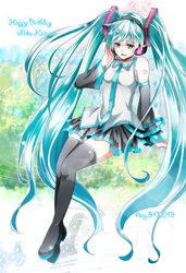  aqua_eyes aqua_hair boots character_name commentary_request dated detached_sleeves female happy_birthday hatsune_miku headset long_hair musical_note necktie sitting skirt solo thigh_boots thighhighs tsujiori twintails very_long_hair vocaloid 