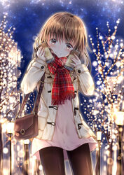  bag bare_tree black_pantyhose blush brown_eyes brown_hair can christmas_lights coat commentary_request cowboy_shot drink female handbag highres holding holding_can lamppost long_sleeves looking_at_viewer maya_(tirolpop) night night_sky original outdoors pantyhose photoshop_(medium) plaid plaid_scarf red_scarf scarf sky smile solo standing tree 