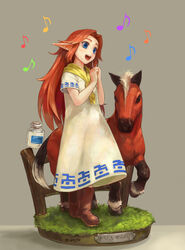  :d blue_eyes boots bottle commentary_request dress eighth_note epona faux_figurine female figure grass grey_background highres horse long_hair malon milk_bottle mizore_akihiro music musical_note open_mouth own_hands_together pointy_ears red_hair signature simple_background singing smile the_legend_of_zelda the_legend_of_zelda:_ocarina_of_time 