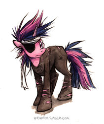  2015 accessory clothed clothing equid equine eye_patch eyewear female feral friendship_is_magic fur future_twilight_sparkle hair hasbro headband high-angle_view horn kenket mammal mane messy_mane multicolored_hair my_little_pony mythological_creature mythological_equine mythology purple_body purple_fur purple_hair simple_background solo traditional_media_(artwork) twilight_sparkle_(mlp) two_tone_hair unicorn white_background 