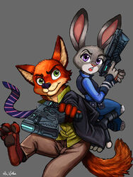  3_toes aggressive anthro barefoot black_pawpads buckteeth canid canine claws clothing curling_toes disney dominator_(psycho_pass) duo feet female footwear fox fur green_eyes grey_body grey_fur group gun hi_res judy_hopps lagomorph leporid long_ears male mammal nick_wilde orange_body orange_fur pawpads psycho_pass purple_eyes rabbit ranged_weapon red_fox soles teeth thelivingshadow toeless_footwear toes true_fox weapon zootopia 