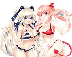  2girls :d absurdres animal_ears armpits astaroth_(the_seven_deadly_sins) astaroth_(uchi_no_hime-sama) asymmetrical_docking barefoot bikini black_bikini blue_eyes blue_ribbon blush bow bow_bikini breast_press breasts cleavage closed_mouth collarbone commentary_request cowboy_shot crossover demon_girl demon_horns demon_tail fake_animal_ears floating_hair frilled_bikini frills from_side front-tie_bikini_top front-tie_top frown groin hair_ribbon halterneck hand_up hat high_ponytail highres hip_focus holding_hands horns interlocked_fingers large_breasts leg_lift long_hair looking_at_viewer mini_hat mini_top_hat multiple_girls name_connection navel open_mouth pink_hair pointy_ears ponytail purple_eyes red_bikini red_hat ribbon shiny_skin sideboob sidelocks simple_background smile split_ponytail strap_gap string_bikini swimsuit tail the_seven_deadly_sins thighs top_hat twintails uchi_no_hime-sama_ga_ichiban_kawaii underboob v very_long_hair white_background white_bikini white_bow white_hair zu_sha_bing 