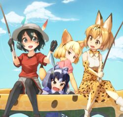  4girls animal_ears bag black_pantyhose blue_sky blush bow bowtie cloud commentary_request common_raccoon_(kemono_friends) day elbow_gloves fennec_(kemono_friends) fish fishing fishing_rod fox_ears fox_tail fur_collar gloves gradient_hair half-closed_eyes hat hat_feather helmet japari_bus kaban_(kemono_friends) kemono_friends kuroneko_shiro looking_back multicolored_hair multiple_girls open_mouth orange_bow orange_bowtie outdoors pantyhose pith_helmet print_bow print_bowtie puffy_short_sleeves puffy_sleeves raccoon_ears raccoon_tail serval_(kemono_friends) serval_print shirt short_hair short_sleeves shorts sitting sky smile tail two-tone_bowtie two-tone_hair white_bow white_bowtie 