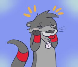  2017 3_fingers anthro arm_markings biped closed_eyes daww digital_media_(artwork) fingers front_view fur grey_body grey_fur grey_nose grey_tail half-length_portrait hand_on_face head_tuft jazzotter jazzotter_(artist) jewelry male mammal markings multicolored_body multicolored_fur multicolored_tail mustelid necklace nude otter pendant portrait red_body red_fur red_markings red_tail red_tongue simple_background solo standing tail tail_markings tongue tongue_out tuft two_tone_tail whiskers 