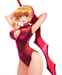  aestus_estus ahoge blonde_hair breasts cleavage commentary_request covered_navel fate/extra fate_(series) female front_zipper_swimsuit green_eyes highres large_breasts meme_attire nero_claudius_(fate) nero_claudius_(fate/extra) one-piece_swimsuit open_mouth red_one-piece_swimsuit smile solo swimsuit sword taru_neko weapon 