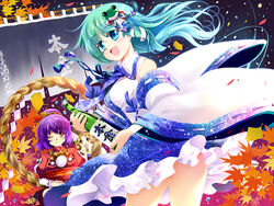  3girls alcohol autumn_leaves blonde_hair blue_eyes blush bottle breasts commentary_request cup detached_sleeves drinking frog_hair_ornament green_hair hair_ornament hat kochiya_sanae leaf long_hair long_sleeves medium_breasts mirror moriya_suwako multiple_girls open_mouth photoshop_(medium) purple_hair red_eyes rope sakazuki sake shimenawa short_hair sitting skirt smile snake_hair_ornament touhou usuusu yasaka_kanako yellow_eyes 