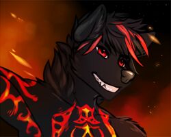  anthro black_hair canid canid_demon canine clothed clothing demon f-ss fire fire_background hair hellhound highlights_(coloring) internal_flames looking_at_viewer male mammal markings mitsurugi multicolored_hair mythological_canine mythological_creature mythology smile solo topless two_tone_hair 