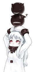  :t absurdres abyssal_ship aoyuzuaoyuzu armpits colored_skin commentary_request female grin highres kantai_collection long_hair looking_up mittens monster northern_ocean_princess pale_skin red_eyes smile solo squiggle white_hair white_skin 