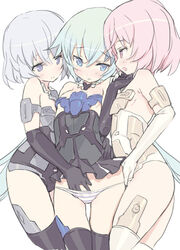  3girls ass bare_shoulders black_gloves blade_(galaxist) blue_eyes blue_hair blush breasts commentary_request cowboy_shot elbow_gloves frame_arms_girl gloves hand_in_panties materia_(frame_arms_girl) materia_kuro materia_shiro mecha_musume multiple_girls panties pink_eyes pink_hair purple_eyes short_hair simple_background skirt small_breasts smile standing striped_clothes striped_panties stylet thigh_gap thighhighs twintails underwear white_background white_panties yuri 