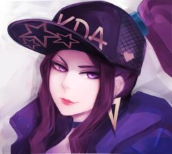  absurdres akali baseball_cap choker closed_mouth commentary earrings english_commentary female hair_ornament hat high_ponytail highres idol jacket jewelry k/da_(league_of_legends) k/da_akali league_of_legends long_hair looking_at_viewer purple_eyes purple_hair purple_jacket rebyo self-upload sidelocks simple_background smile solo upper_body v-shaped_eyebrows white_background 