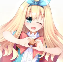  blonde_hair blue_eyes blush bow commentary_request doria_(p_f_dolia) fairy_fencer_f female hair_ornament heart heart_hands long_hair looking_at_viewer one_eye_closed open_mouth rolo_(fairy_fencer_f) smile solo 