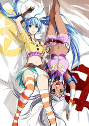  2girls :d aqua_eyes arm_up bakugan bakugan_battle_brawlers belt blue_hair commentary crop_top dark-skinned_female dark_skin fingerless_gloves flat_chest gloves grey_hair hair_ornament hairclip hairpin headphones headphones_around_neck holding_hands julie_heyward kriss_sison lying midriff misaki_runo multiple_girls navel on_back open_mouth panties parted_lips photoshop_(medium) purple_eyes revision shorts skirt smile striped_clothes striped_thighhighs thighhighs twintails underwear upside-down 