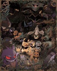  awai_(pixiv29777040) banette bow bowtie character_request commentary costume dark dedenne dusknoir eevee english_commentary flower forest gastly gengar glowing glowing_eye gourgeist grabbing grass halloween hat haunter lantern meowth mismagius murkrow nature night no_humans outdoors overgrown pikachu piplup pokemon pokemon_(creature) red_eyes rock scared smile stone teeth tongue tongue_out trevenant vulpix witch_hat wynaut zubat 