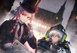  2girls aek-999_(babe_driver)_(girls&#039;_frontline) aek-999_(girls&#039;_frontline) alternate_costume badge black_jacket black_necktie blush bow braid buttons cigar city_lights cityscape clothes_writing collared_shirt commentary_request girls&#039;_frontline gloves grey_hair hair_ornament hair_over_shoulder hairclip hat headphones headphones_around_neck heiwari_kanade hexagram holding holding_cigar hood hooded_jacket jacket key korean_commentary leaning_on_object light long_hair looking_at_viewer multiple_girls necktie negev_(girls&#039;_frontline) newspaper night official_alternate_costume open_clothes open_jacket parted_lips pink_hair rain red_bow red_eyes shirt sidelocks signature smile star_of_david striped_clothes striped_shirt swirling top_hat vest white_gloves white_shirt yellow_eyes 