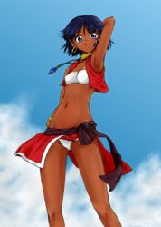  arm_behind_head armpits blue_eyes bob_cut bracelet cloud commentary_request dark-skinned_female dark_skin day earrings female from_below fushigi_no_umi_no_nadia highres hoop_earrings jewelry light_smile loincloth midriff nadia_la_arwall neck_ring necklace panties pantyshot purple_hair ru_pickman short_hair solo strapless tube_top underwear vest wind 