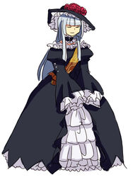  choker closed_eyes commentary_request dress em_crazy female flower frills grey_hair hat rose sash sleeves_past_wrists smile umineko_no_naku_koro_ni virgilia_(umineko) 