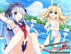  2girls bare_shoulders blonde_hair blue_eyes bow bra breasts fairy_fencer_f frills hairband lolita_hairband long_hair medium_breasts multiple_girls official_art one_eye_closed panties pink_bra pink_panties pool red_eyes ribbon rolo_(fairy_fencer_f) small_breasts tiara_(fairy_fencer_f) tsunako underwear wet wet_clothes white_hair 