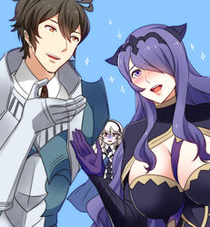  ameno_(a_meno0) armor bad_id bad_pixiv_id black_armor breasts brown_hair camilla_(fire_emblem) corrin_(female)_(fire_emblem) corrin_(fire_emblem) fire_emblem fire_emblem_awakening fire_emblem_fates fire_emblem_warriors frederick_(fire_emblem) hair_over_one_eye large_breasts long_hair open_mouth pointy_ears purple_eyes purple_hair short_hair smile very_long_hair wavy_hair 