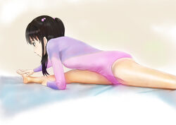  black_eyes black_hair commentary_request female highres leotard long_hair pantyhose photokano pink_leotard sakura_mai_(photokano) see-through see-through_legwear shinkuoh split stretching twintails 