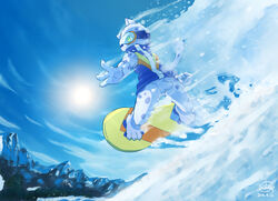  2015 3_toes 4_fingers anthro bemani bottomless clothed clothing cloud coat day detailed_background eyewear feet felid fingers goggles hi_res konami lokey male mammal mountain ollie_(pop&#039;n_music) outside pantherine pop&#039;n_music signature sky snow snow_leopard snowboard snowboarding solo sun toes topwear yellow_eyes 