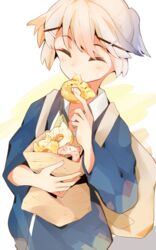  1boy ab-ten androgynous animal-themed_food bad_id bad_pixiv_id blush brown_hair commentary doughnut eating food hair_ornament hairclip highres male_focus masamune-kun_no_revenge shuri_kojuurou smile solo 