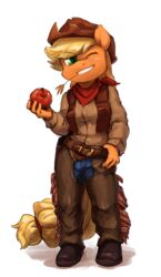  2016 anthro anthrofied apple applejack_(mlp) audrarius blonde_hair clothing cowboy_hat digital_media_(artwork) earth_pony equid equine female food friendship_is_magic fruit green_eyes hair hasbro hat headgear headwear hi_res holding_object horse looking_at_viewer mammal my_little_pony one_eye_closed plant pony simple_background smile solo white_background wink 