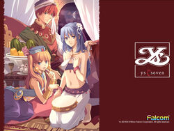  1boy 2girls adol_christin aisha_sari_edonas anklet arabian_clothes barefoot blue_eyes blue_hair bowl bracelet brown_hair company_name curtains flower food fruit grapes grey_eyes hair_flower hair_ornament hat instrument jewelry kneeling long_hair midriff multiple_girls navel pants pear red_hair smile tambourine tia_(ys) turban twintails watermelon ys ys_seven 