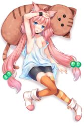  ahoge animal_ear_fluff animal_ears arm_on_own_head arm_up armpits asymmetrical_legwear bare_shoulders bike_shorts blue_eyes blush boots cat_ears choker collarbone commentary_request female flat_chest hair_bobbles hair_ornament highres hinata_channel knees_together_feet_apart long_hair low_twintails lying mismatched_legwear nekomiya_hinata no_nipples on_back open_mouth orange_legwear pink_hair shorts simple_background solo strap_slip striped_clothes striped_thighhighs stuffed_toy thighhighs twintails vest virtual_youtuber watch white_background white_footwear white_vest wristwatch yoruda 