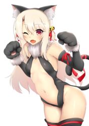  absurdres animal_ears animal_hands black_gloves black_leotard black_thighhighs blonde_hair breasts cat_ears cat_tail commentary coyomin elbow_gloves fate/kaleid_liner_prisma_illya fate_(series) female full_body fur_trim gloves highleg highleg_leotard highres illyasviel_von_einzbern illyasviel_von_einzbern_(beast_style) legs_together leotard long_hair looking_at_viewer navel official_alternate_costume one_eye_closed open_mouth paw_gloves red_eyes red_ribbon revealing_clothes ribbon shiny_skin simple_background small_breasts solo standing tail thighhighs white_background 