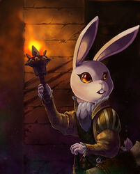  amber_(armello) anthro armello big_eyes buckteeth clothed clothing cravat dungeon female fire fur holding_object holding_torch lagomorph league_of_geeks leporid long_ears looking_back mammal mzelda rabbit solo teeth torch white_body white_fur yellow_eyes 