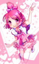  bow commentary_request dokidoki!_precure female frills full_body hairbow half_updo heart heart_background personification pink_bow pink_eyes pink_hair precure ro_(igris-geo) sharuru_(dokidoki!_precure) sharuru_(dokidoki!_precure)_(human) shirt shoes short_hair skirt smile solo thighhighs v white_thighhighs zettai_ryouiki 