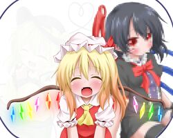  3girls asymmetrical_wings black_hair blonde_hair blush censored commentary_request fangs flandre_scarlet hat hat_ribbon houjuu_nue komeiji_koishi mosaic_censoring multiple_girls oden_(th-inaba) red_eyes ribbon smile stage_connection touhou transparent wings 