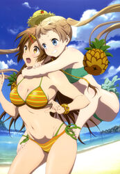  2girls absurdres beach bikini blonde_hair blue_eyes breasts brown_eyes brown_hair chuunibyou_demo_koi_ga_shitai! cleavage cloud day dekomori_sanae feet food fruit glomp hair_ornament hairclip hat highres hug layered_bikini legs long_hair medium_breasts multicolored_bikini multicolored_clothes multicolored_stripes multiple_girls nibutani_shinka non-web_source nyantype ocean official_art open_mouth outdoors pineapple satou_tatsuya scan side-tie_bikini_bottom sky striped_bikini striped_clothes swimsuit twintails water 