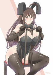  aged_up animal_ears artist_name bad_id bad_pixiv_id between_breasts black_gloves black_thighhighs blush breasts brown_eyes chair dated elbow_gloves facial_mark feet_out_of_frame female gloves highres huge_breasts long_hair looking_at_viewer oh_my_goddess! playboy_bunny rabbit_ears sitting sitting_backwards skuld_(aa_megami-sama) solo stormcow thighhighs 