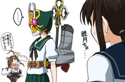  3girls ahoge bare_shoulders boots brown_hair buck_teeth commentary_request detached_sleeves fubuki_(kancolle) iyami japanese_clothes kamen_rider kamen_rider_blade_(series) kamen_rider_leangle kantai_collection kongou_(kancolle) koutarou_(plusdrive) long_hair machinery mask multiple_girls mutsuki_(kancolle) name_connection nontraditional_miko osomatsu-kun osomatsu_(series) pleated_skirt rider_belt school_uniform serafuku sheeeh! short_ponytail skirt staff sweatdrop teeth thigh_boots thighhighs translation_request 