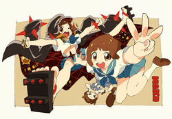  &gt;_&lt; 3girls bob_cut brown_eyes brown_hair closed_eyes commentary_request corn_potako crescent crescent_hat_ornament geta hat hat_ornament jacket jacket_on_shoulders kill_la_kill mankanshoku_mako middle_w multiple_girls multiple_persona open_mouth outstretched_arms round_teeth school_uniform serafuku short_hair skirt smile teeth toes w 