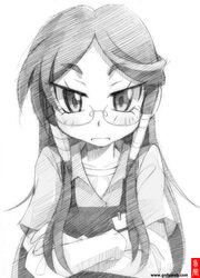  apron blush commentary_request crossed_arms female frown glasses gofu greyscale hair_ornament monochrome name_tag namiuchigiwa_no_muromi-san otohime_(muromi-san) solo spot_color traditional_media tsurime watermark 