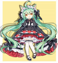  :3 :d absurdly_long_hair ahoge akashi_(azur_lane) akashi_(the_black_cat_cometh!)_(azur_lane) animal_ears azur_lane black_bow black_dress black_footwear black_hairband blush bow brown_eyes cat_ears commentary_request dress female frilled_hairband frilled_thighhighs frills full_body green_hair hair_between_eyes hairband hairbow juliet_sleeves lolita_fashion long_hair long_sleeves low_twintails mole mole_under_eye official_alternate_costume open_mouth puffy_sleeves shoes sleeves_past_fingers sleeves_past_wrists smile solo standing standing_on_one_leg tengxiang_lingnai thighhighs twintails two-tone_background very_long_hair white_background white_thighhighs wide_sleeves yellow_background 