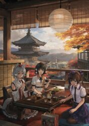  3girls animal_ears anmitsu_(dessert) architecture autumn autumn_leaves bad_id bad_pixiv_id bag belt black_necktie black_ribbon black_skirt brown_hair cellphone city closed_mouth cloud cloudy_sky collared_shirt commentary contemporary cup curtains dango detached_sleeves dress_shirt east_asian_architecture eating food glass grey_hair hair_ribbon hat highres himekaidou_hatate holding holding_cup inubashiri_momiji kyoto lamp leaf_print mikado_(winters) miniskirt mitarashi_dango mountain multiple_girls neck_ribbon necktie open_mouth pantyhose parfait phone plaid plaid_shirt pointy_ears pom_pom_(clothes) puffy_short_sleeves puffy_sleeves purple_hat purple_ribbon purple_skirt red_eyes red_hat ribbon ribbon-trimmed_sleeves ribbon_trim scenery shameimaru_aya shirt shopping_bag short_hair short_sleeves sitting skirt sky smartphone smile table tail tokin_hat touhou tray two_side_up wagashi white_shirt wind wing_collar wolf_ears wolf_tail 