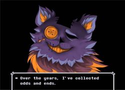  2018 ambiguous_gender animate_inanimate anthro black_background button_(fastener) button_eyes compression_artifacts darkner deltarune dialogue digital_media_(artwork) domestic_cat english_text felid feline felis fur grin living_plushie mammal neck_tuft patch_(fabric) plushie purple_body purple_fur scar seam_(deltarune) sewn_mouth shy-but-artistic-racoon simple_background smile solo talking_to_viewer teeth text tuft undertale_(series) 