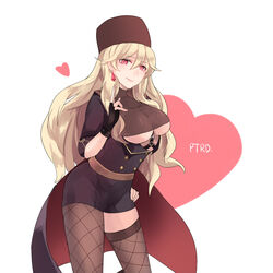  asymmetrical_legwear blonde_hair breasts character_name commentary_request cowboy_shot earrings female fingerless_gloves fishnet_pantyhose fishnet_thighhighs fishnets fur_hat girls&#039;_frontline gloves hand_on_own_hip hat heart highres jewelry large_breasts lishu_jun long_hair mole mole_under_eye pantyhose papakha ptrd_(girls&#039;_frontline) red_eyes single_leg_pantyhose solo thighhighs turtleneck underboob uneven_legwear 