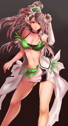  absurdres bikini bikini_top_only choker commentary dart dungeon_and_fighter earrings elbow_gloves female flower gloves green_bikini grey_hair hair_flower hair_ornament highres jewelry liaowen long_hair pointy_ears ponytail red_eyes seria_kirmin solo swimsuit 