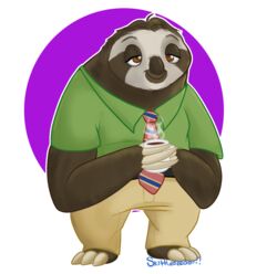  alpha_channel anthro barefoot beverage biped black_nose bottomwear brown_body brown_eyes brown_fur clothed clothing coffee container cup disney feet flash_slothmore fur half-closed_eyes holding_container holding_cup holding_object looking_at_viewer male mammal mistyrainbowfleece narrowed_eyes necktie pants pilosan purple_background shirt simple_background sloth smile solo standing three-toed_sloth topwear xenarthran zootopia 