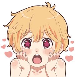  1boy bad_id bad_pixiv_id blonde_hair blush free! hazuki_nagisa heart highres kalechip male_focus open_mouth red_eyes simple_background solo star-shaped_pupils star_(symbol) symbol-shaped_pupils white_background 